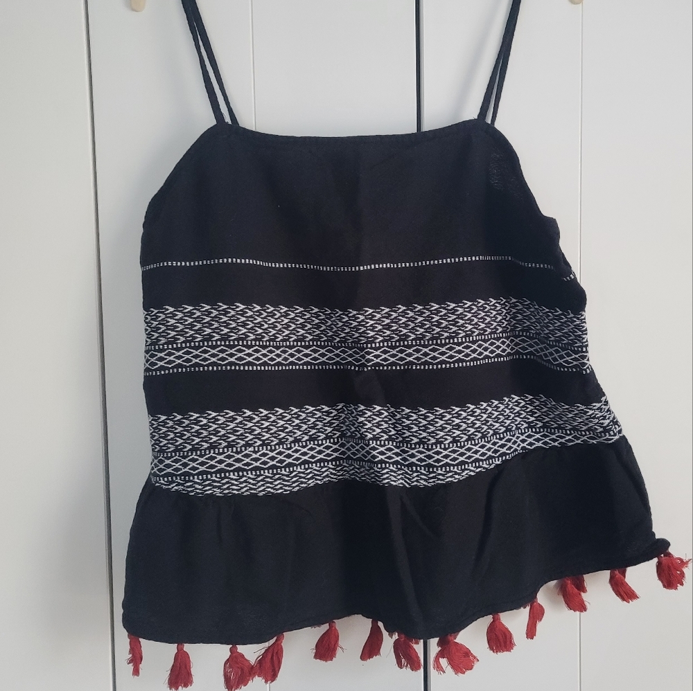 Ana thin strap black tank top with white embroidery and red fringe size large